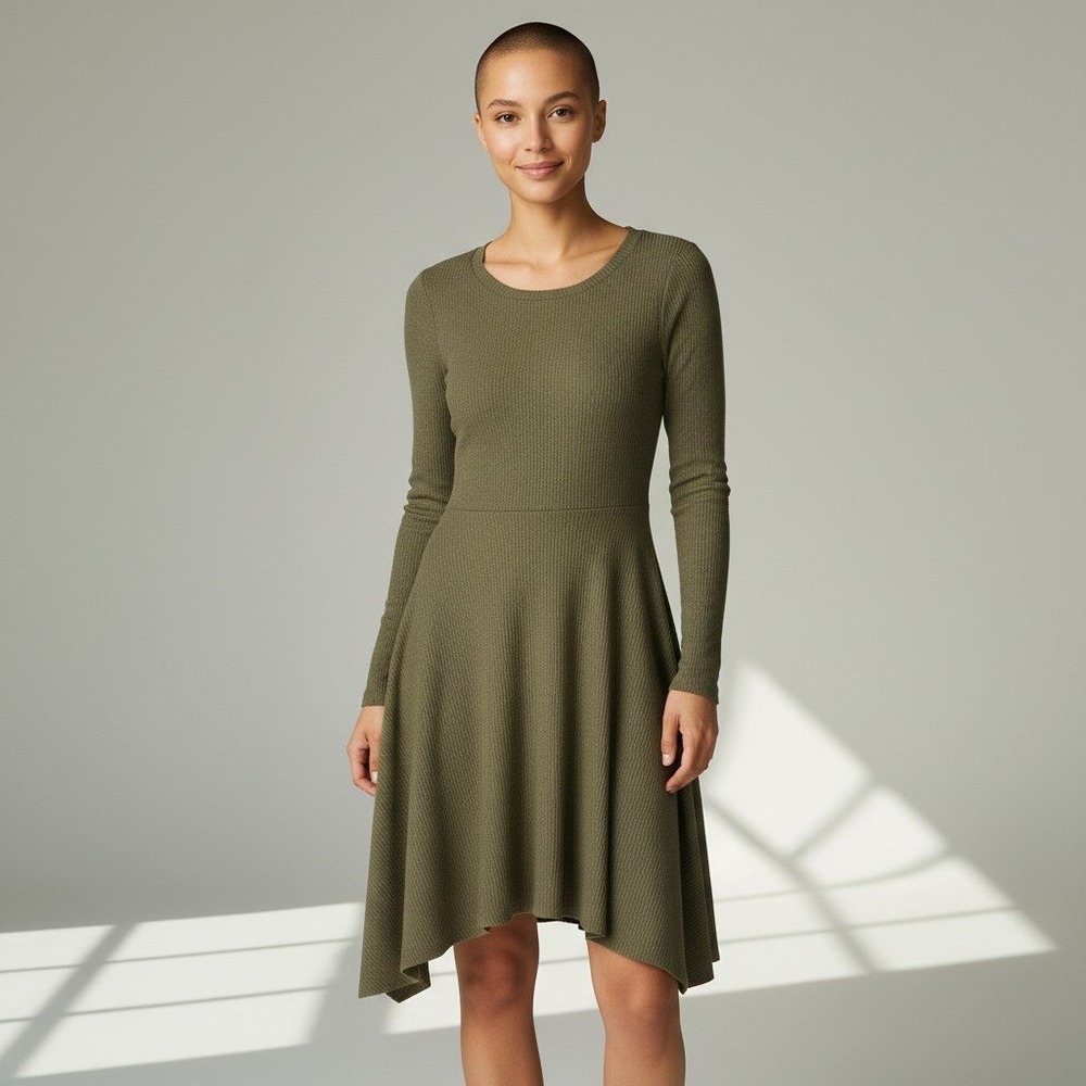 Lulus Skater Dress Womens S Olive Green Ribbed Knit Long Sleeve Sharkbite Hem - Picture 1 of 9